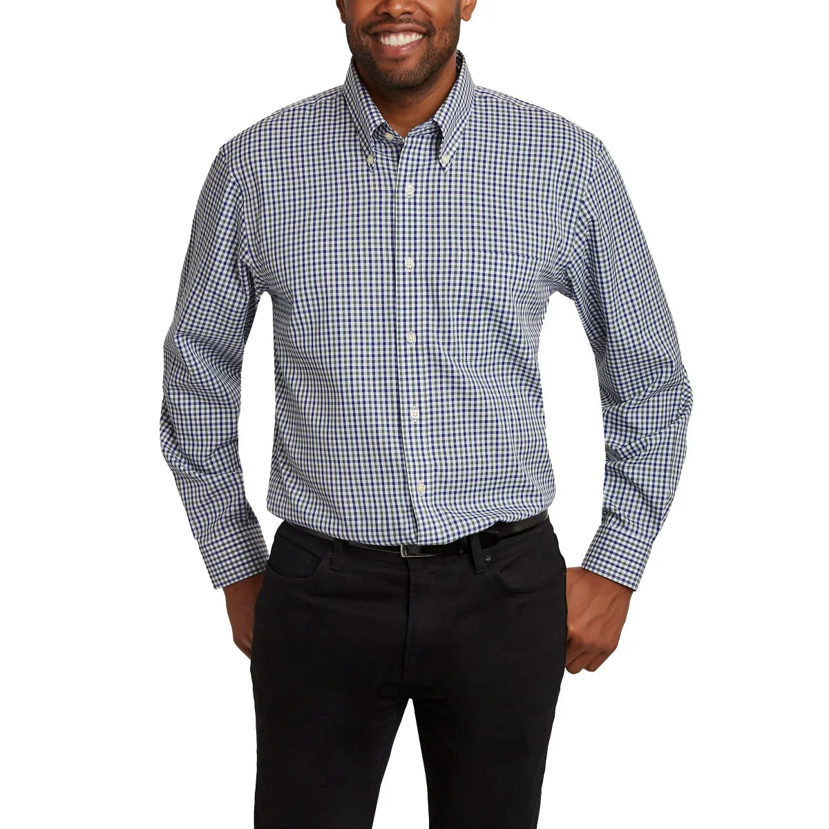 Kirkland Signature Men’s Traditional Fit Dress Shirt, Green Navy White Tattersall