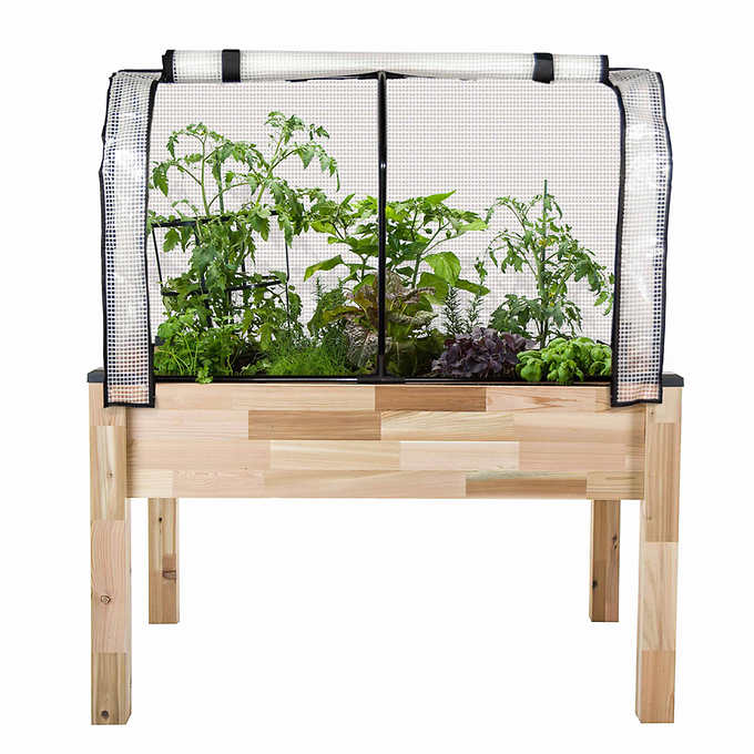 Self-Watering Elevated Cedar Planter with Greenhouse and Bug Cover