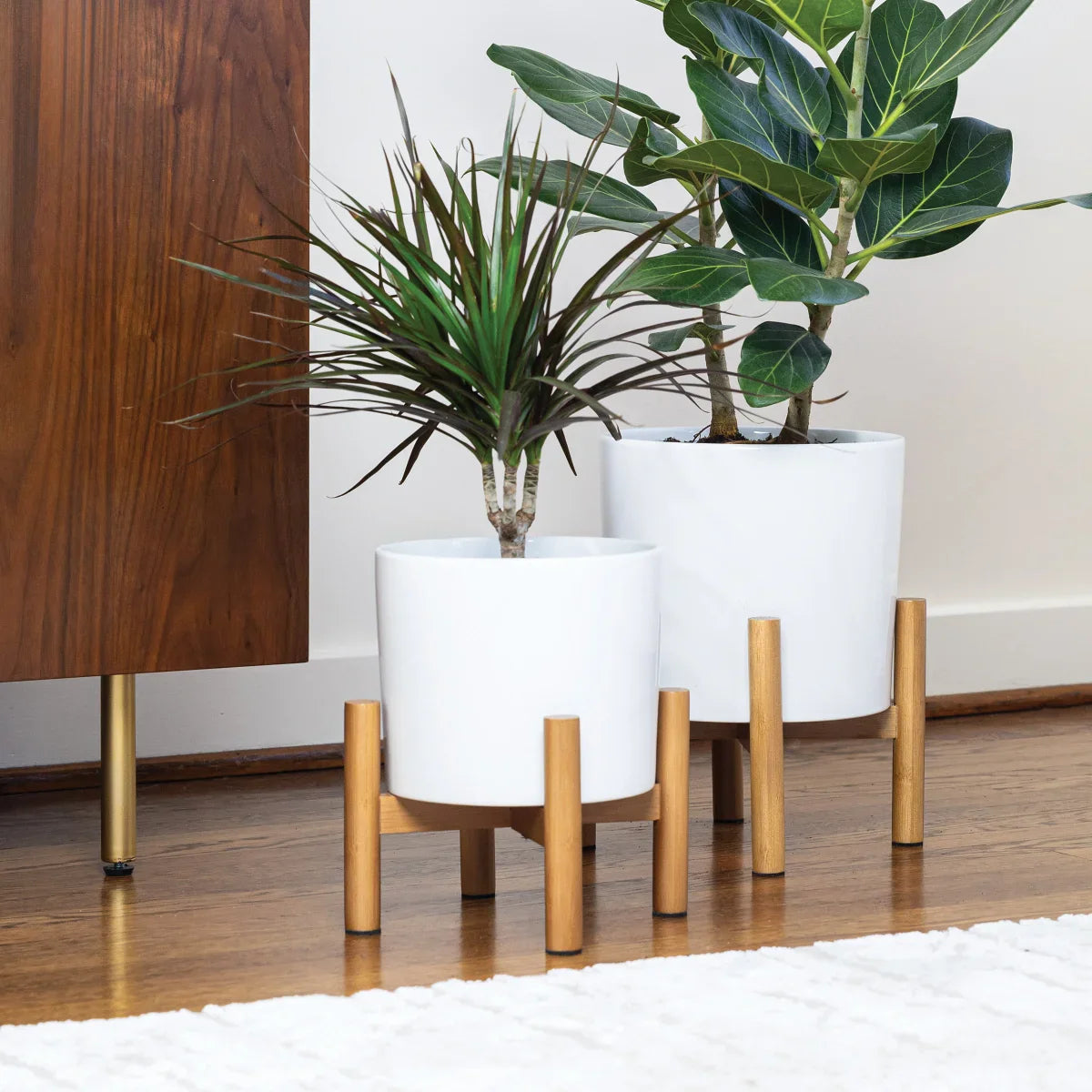 Ceramic Planters with Bamboo Stands, 2-pack