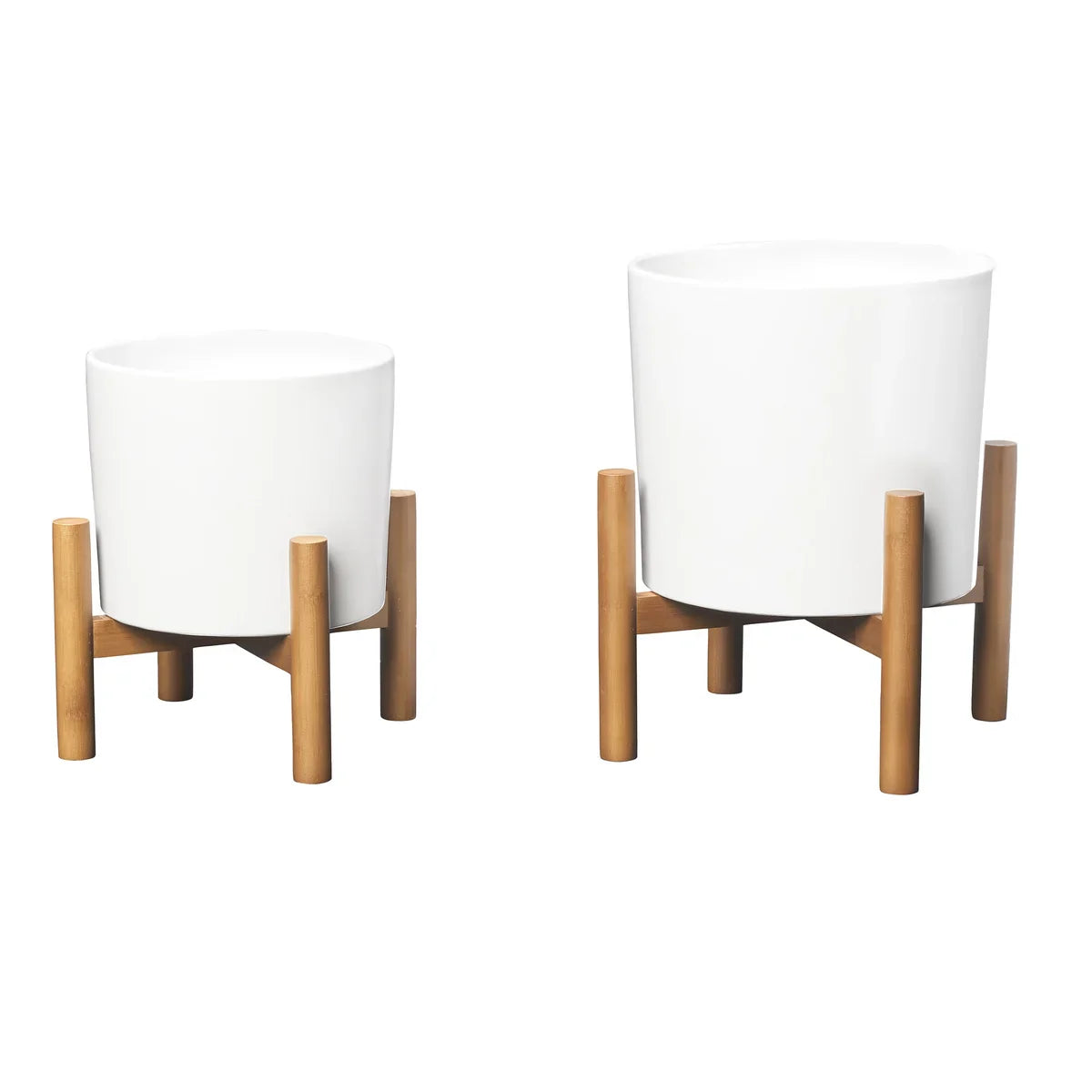 Ceramic Planters with Bamboo Stands, 2-pack