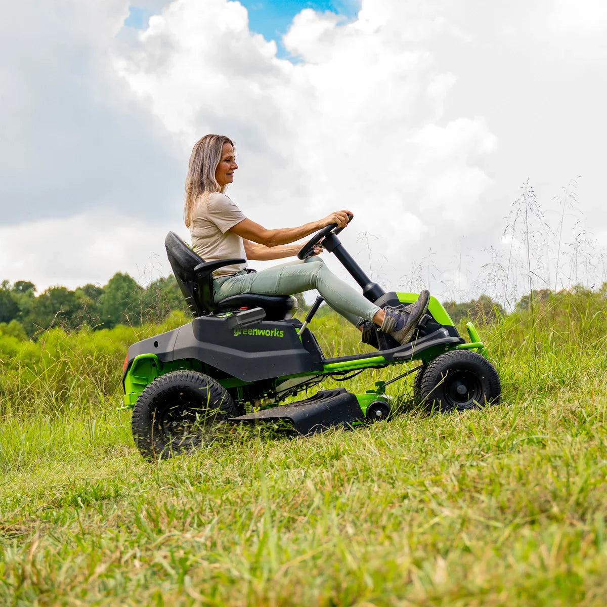 Greenworks 80V 42" Ride-on Tractor Mower w/ (6) 8Ah Batteries, 1.5kW Charger, and Bagger