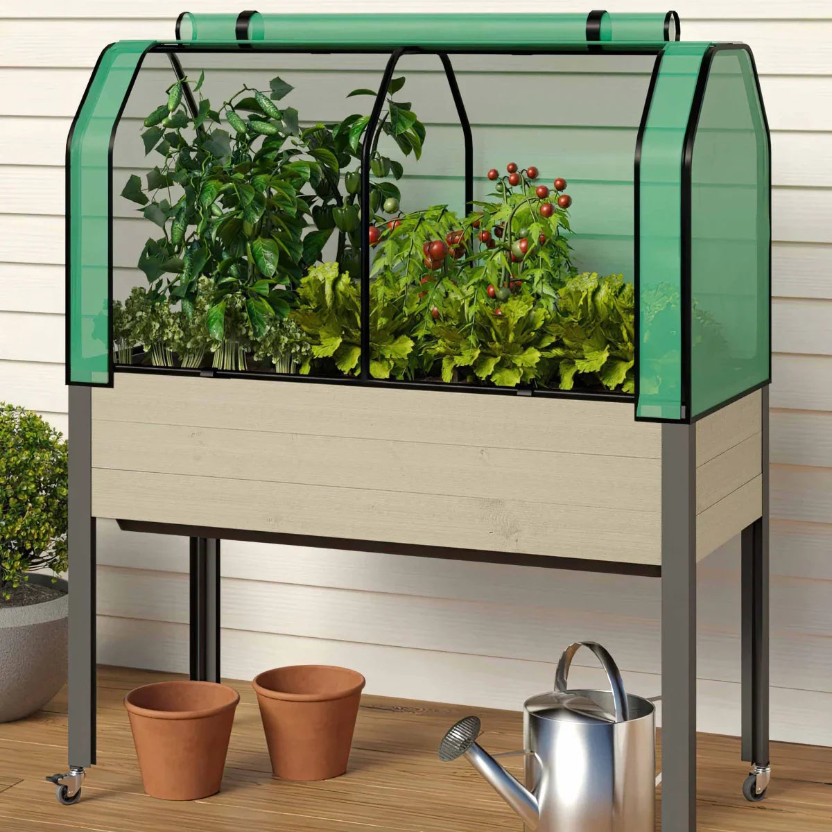 Self-Watering Elevated Spruce Planter with Greenhouse & Bug Cover