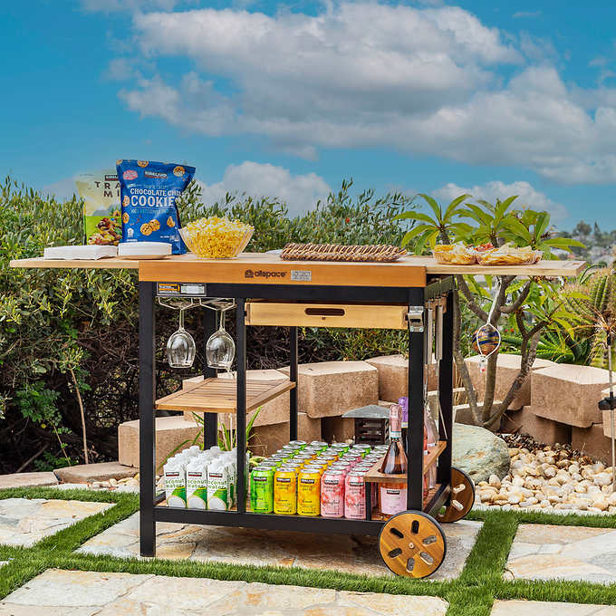 Allspace Acacia Wood Extendable Serving Cart