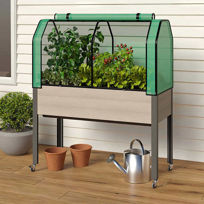 Self-Watering Elevated Spruce Planter with Greenhouse & Bug Cover