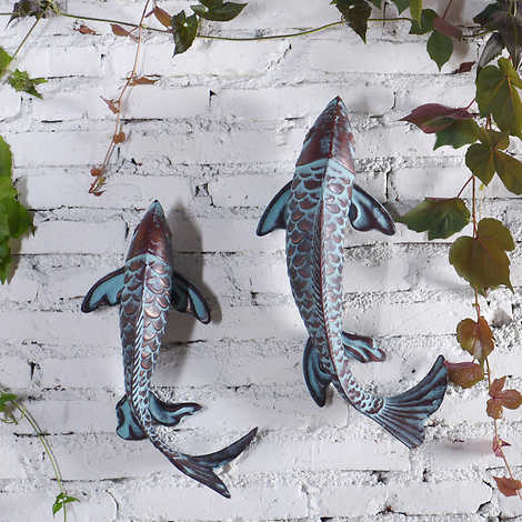 Verdigris Metal Fish Statue 2-pack